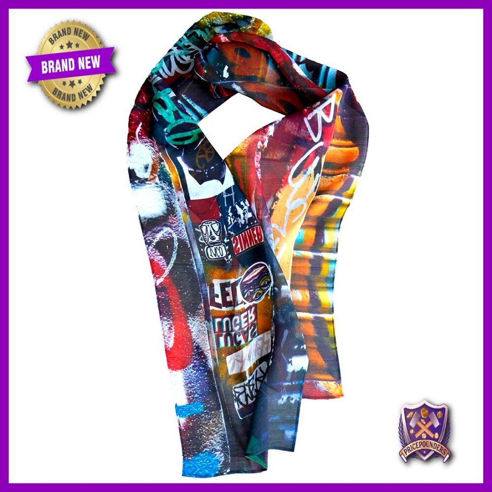 Silk Georgette Scarf 9x63 Graffiti Print 100% Silk Lightweight